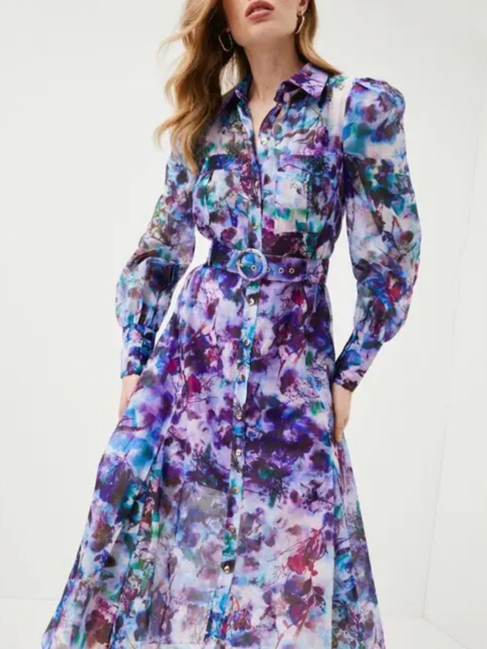Karen Millen Purple Floral Organdy Woven Belted Long-Sleeve Shirt Dress